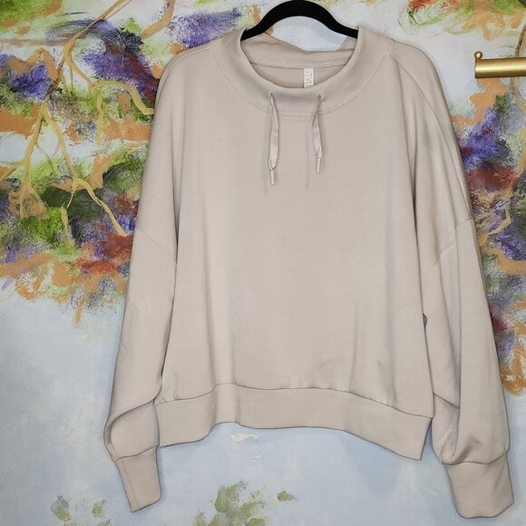 Oversized Neutral Beige Pullover Sweatshirt With Drawstrings & Ribbed Cuffs - Picture 4 of 8